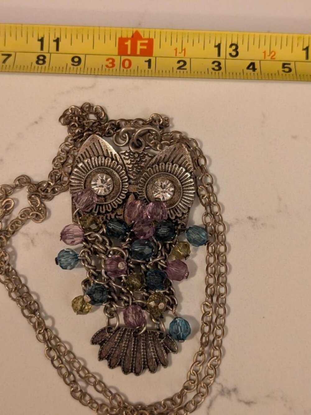 Brass-Tone Multicolor Beaded Statement OWL Pendant Necklace with Rhinestone eyes
